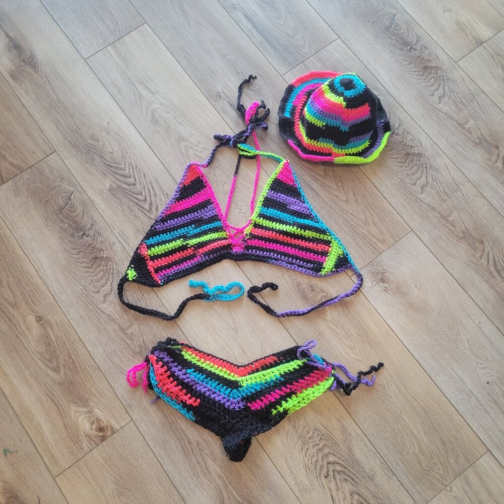 Electric Rainbow Crochet Bikini Set with matching Bucket Hat